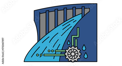 Illustrative depiction of hydroelectric power generation, showcasing water flow through a dam and turbine system