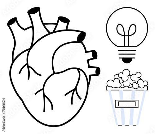 Anatomical heart symbolizing vitality, light bulb denoting ideas, and popcorn suggesting entertainment. Ideal for health, creativity, ideas, energy, brain fun lifestyle. Flat simple metaphor