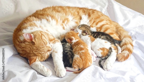 A ginger tabby cat peacefully nursing her newborn kittens on white sheet
