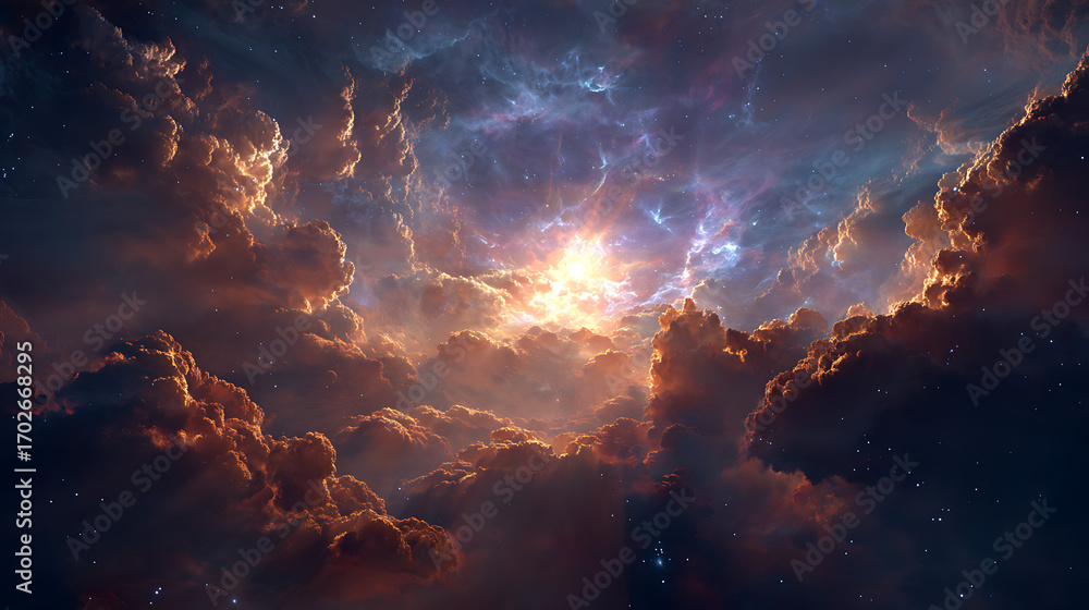 Naklejka premium Dramatic clouds and light in a celestial sky with a burst of energy