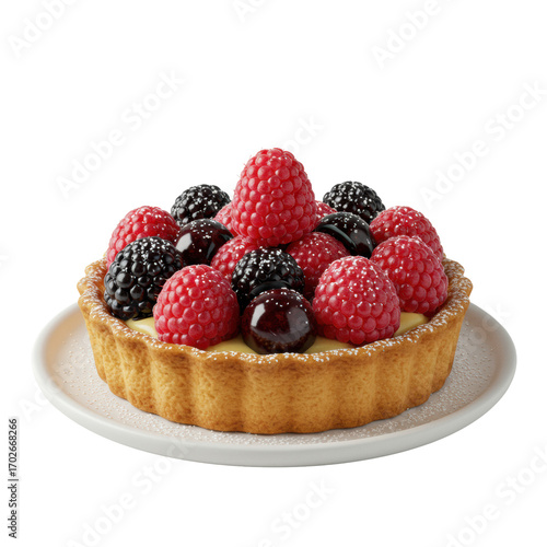 Exquisitely crafted rich berry tart with flaky crust, glistening mixed berries, powdered sugar, fresh raspberry, on white plate, isolated on transparent background. Concept for gourmet dessert