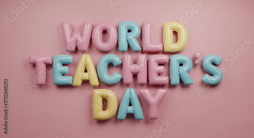 Colorful balloon letters spelling World Teacher’s Day on pink festive background for school celebrations, appreciation events, and creative designs