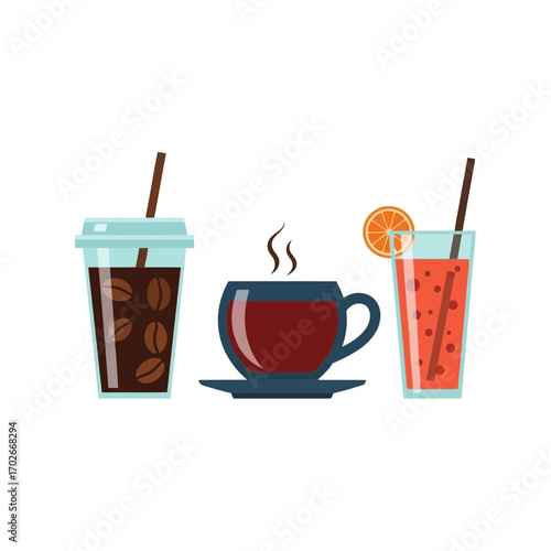 Three refreshing drinks isolated on white background silhouette