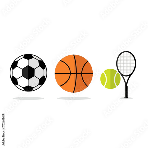 Soccer basketball tennis balls and racket isolated on white background silhouette