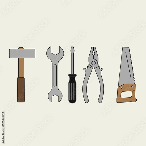 Collection of hand tools silhouette isolated on white background