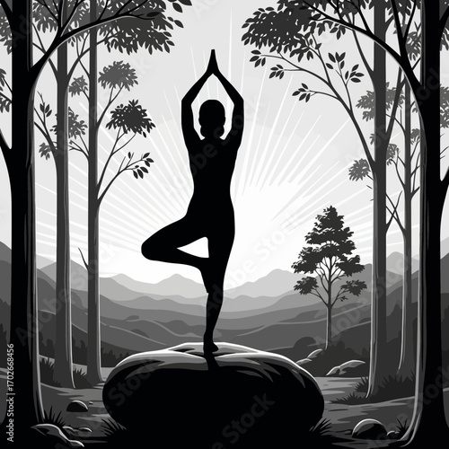 Woman performing yoga tree pose silhouette isolated on white background