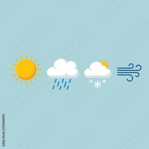 Weather icons showing sun rain snow and wind isolated on white background silhouette