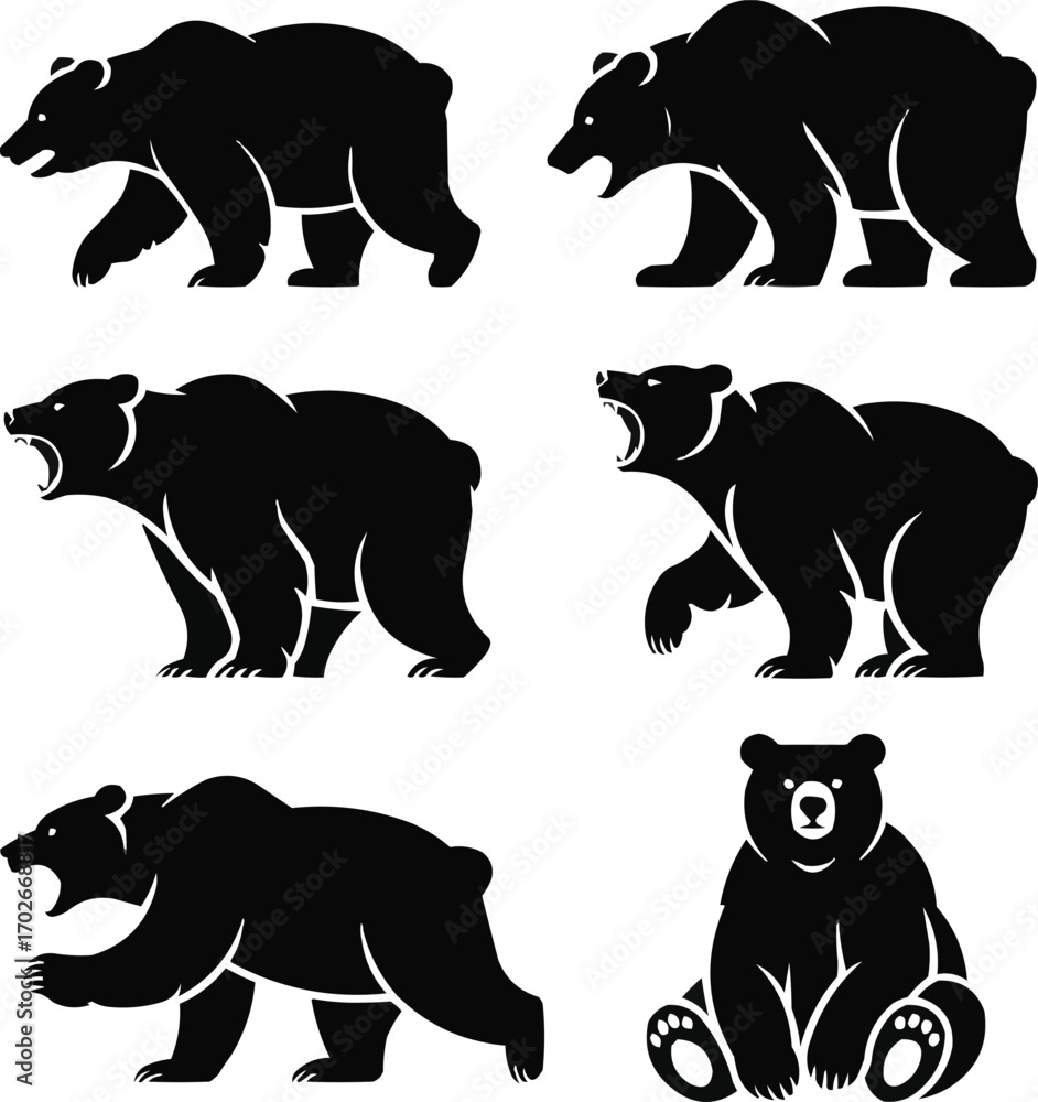 Naklejka premium Wild Bear Silhouette Collection Walking, Standing, and Roaring Poses