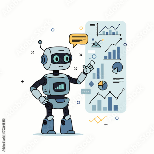 An intelligent cartoon robot presents complex digital data visualizations and analytical charts, symbolizing advanced artificial intelligence in business technology.