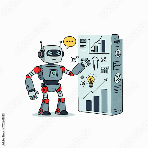 A charming, modern robot presents complex data visualizations and analytical insights on a digital board, symbolizing artificial intelligence in business and technology.
