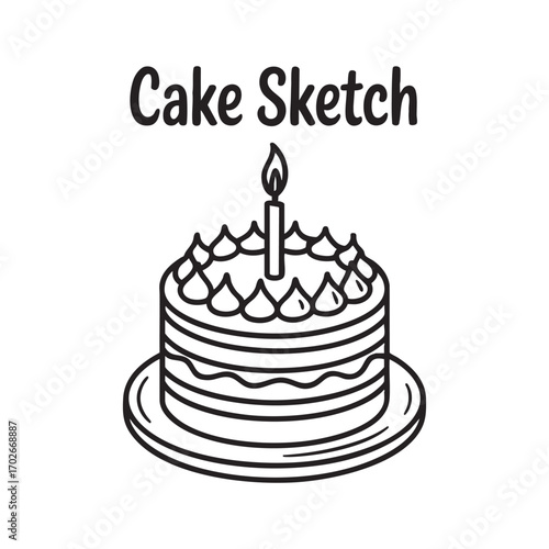 Hand‑Drawn Cake Sketch with Candle – Birthday, Celebration, and Dessert Vector Illustration