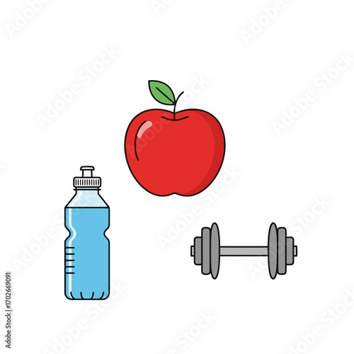 Healthy lifestyle elements apple water bottle and dumbbell isolated on white background silhouette