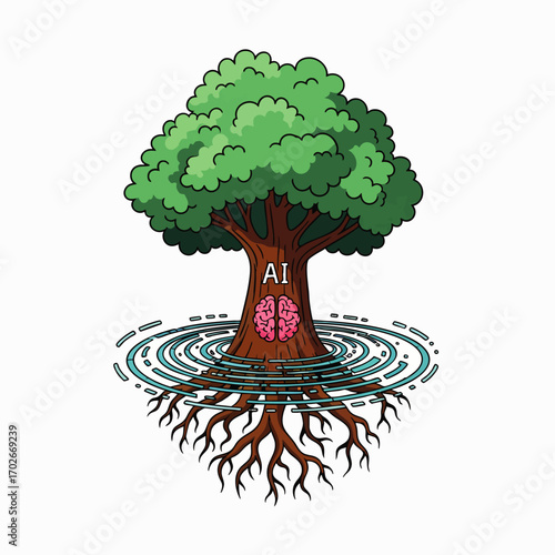 A vibrant cartoon tree symbolizing the organic growth and deep-rooted connection of artificial intelligence with nature and knowledge, fostering innovation.