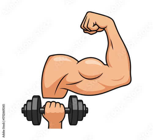 Illustration of a muscular arm flexing while holding a dumbbell
