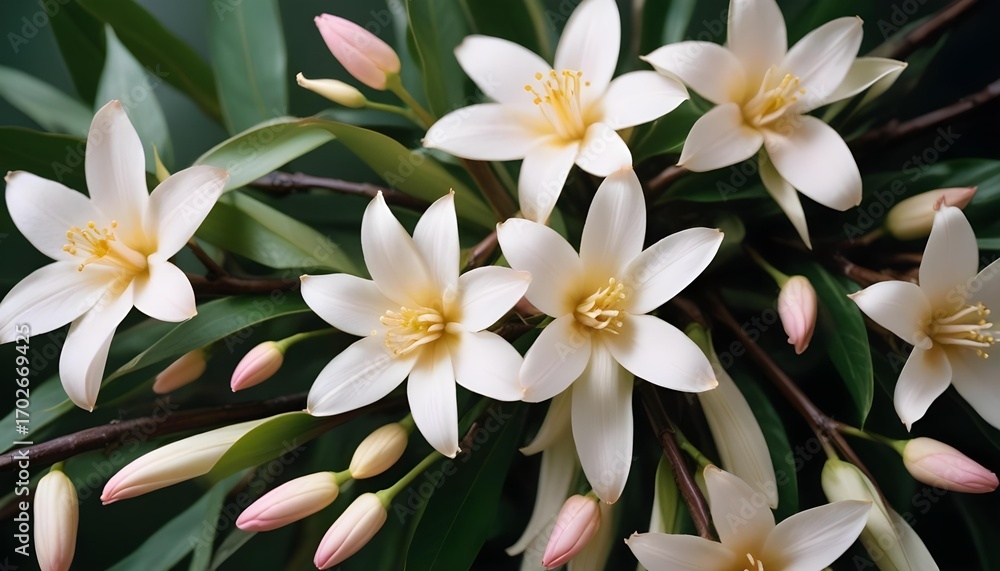 Obraz premium Close-up of delicate white flowers with yellow centers and pink buds.