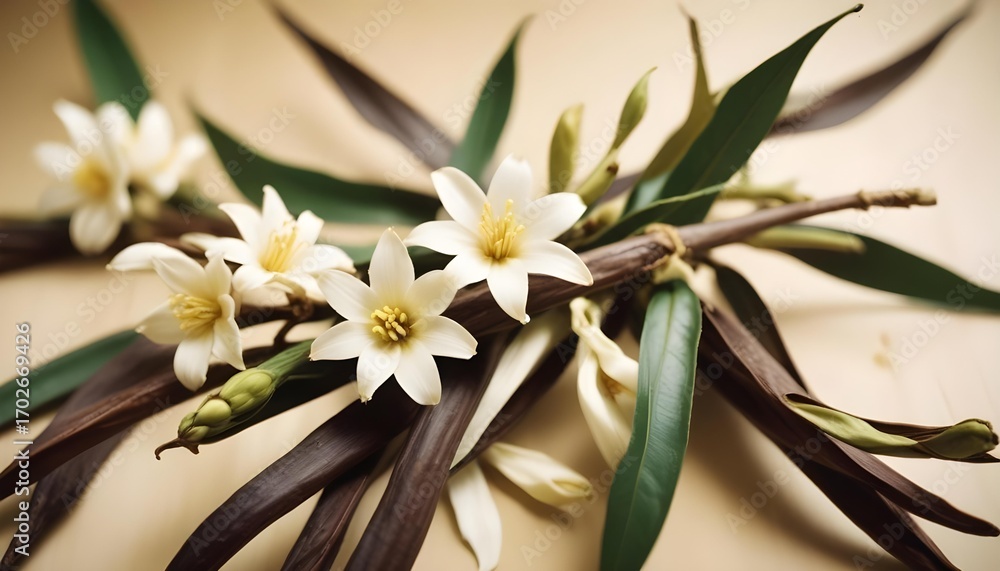 Obraz premium Elegant floral arrangement with white flowers and dark leaves