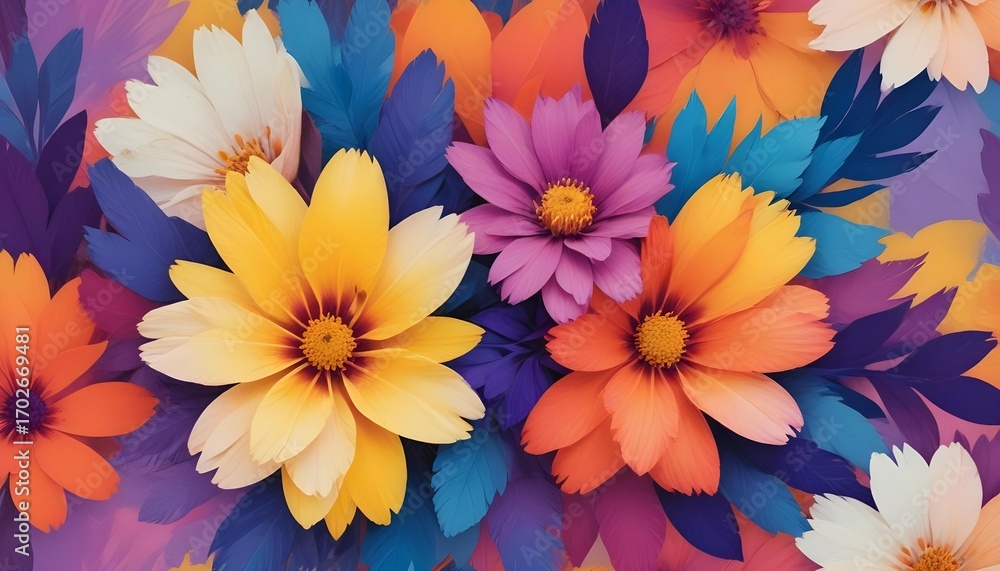 Obraz premium Vibrant floral arrangement with colorful blossoms and leaves