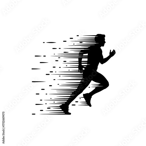 Dynamic runner silhouette with motion blur effect isolated on white background