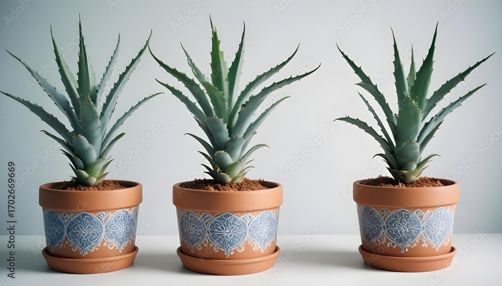 Fototapeta premium Three aloe vera plants in decorative pots
