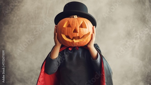 Young child wearing a black hat and cape holding a carved jack o lantern pumpkin over their face