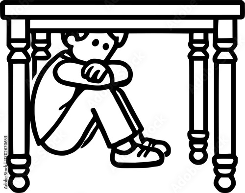 A boy hiding under the desk sign, symbol, vector, art