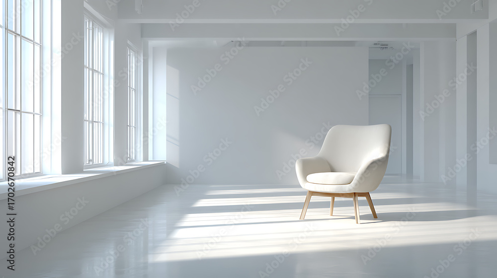 Fototapeta premium Bright and airy room with a white chair sitting in the sunlight