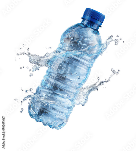 Plastic water bottle in mid-air splash