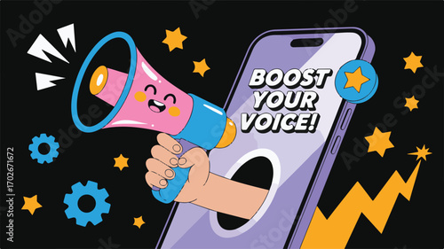 Hand Holding Megaphone Emerging from Smartphone Screen with " Boost Your Voice" Text loudspeaker