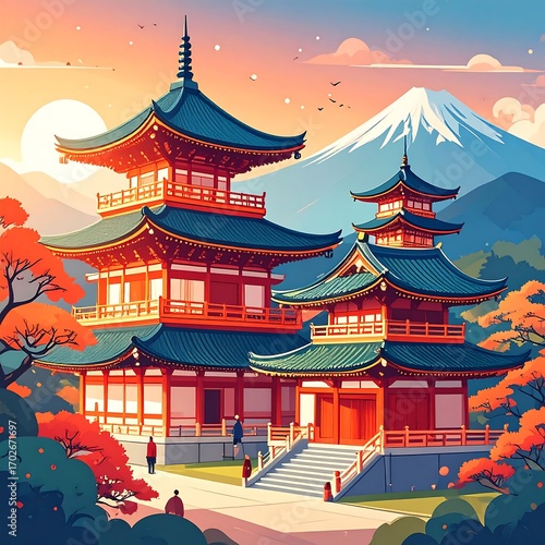 Japanese temple complex at dawn, vibrant colors
