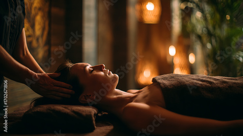 Woman receiving a head massage at a spa in a dimly lit relaxing environment