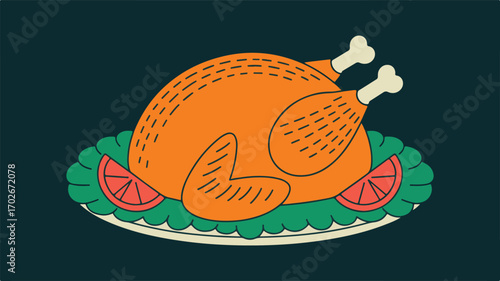 Roasted Chicken on a Platter with Lettuce and Tomato Slices turkey poultry