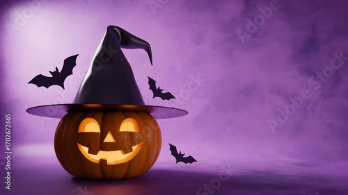 Spooky halloween jack o lantern wearing a witch hat with flying bats against a purple misty background