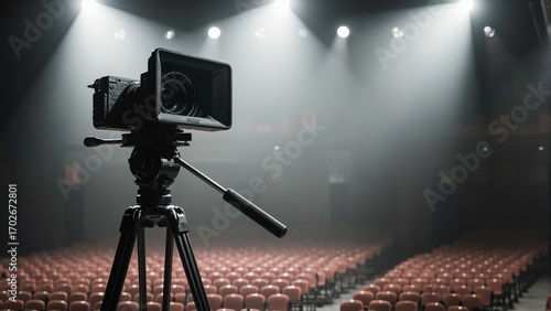 Professional Video Camera on Tripod Ready for Fashion Show Filming Runway Setup 3d rendering