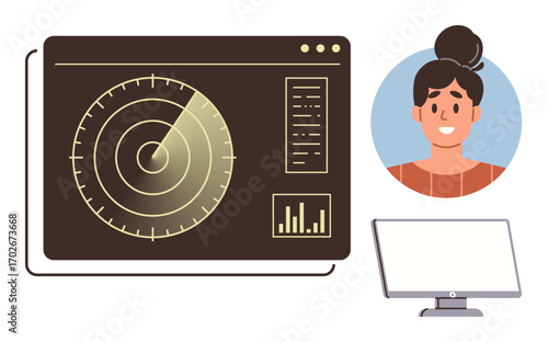 Wallpaper Mural Radar display emitting signals alongside user data, graph analysis, and smiling individual profile. Ideal for analytics, technology, security, navigation, communication teamwork innovation. Simple Torontodigital.ca