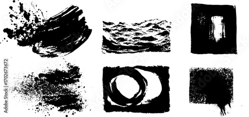 Chaotic black ink abstract texture set with dynamic scribbles and strokes for creative design