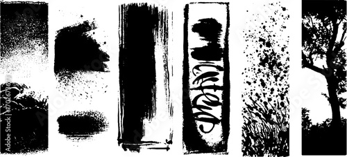 Black ink abstract borders with scribbled lines and grunge effects for creative design