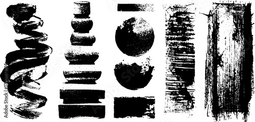 Black ink abstract texture set with geometric cuts for artistic design
