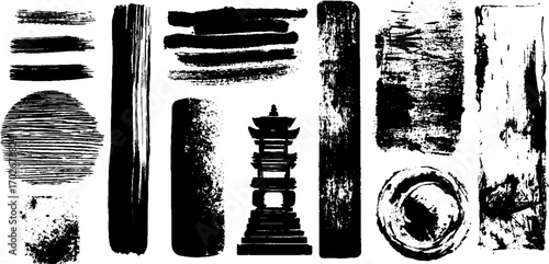 Black ink abstract texture collection with layered strokes for creative designs