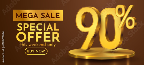 90 percent with podium. Sale, discount or bonus concept. Vector illustration