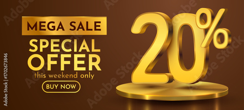 20 percent with podium. Sale, discount or bonus concept. Vector illustration