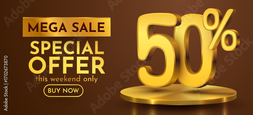 50 percent with podium. Sale, discount or bonus concept. Vector illustration