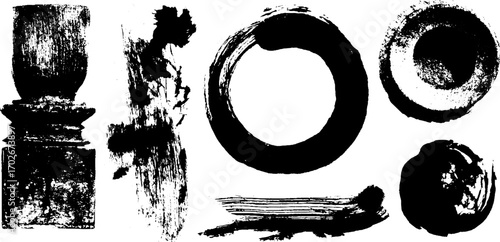 Black ink abstract texture collection with scribbled lines and grunge elements for design