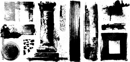 Black ink collage fragment set with grunge textures for creative design