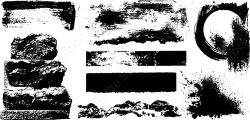 Black ink grunge collage with tape, lines, and splatter for art and design