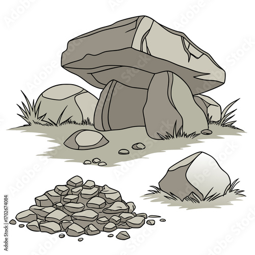 Cartoon grey stone and rock clipart, 3D boulders and pebbles, a pile of rubble and debris, isolated natural landscape elements, and mountain cliff and rocky terrain design. Vector set