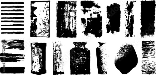 Black ink collage fragments set with grunge patterns for creative design projects