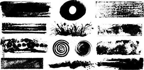 Black ink grunge collage set with diverse textured strips and circular patterns for creative design