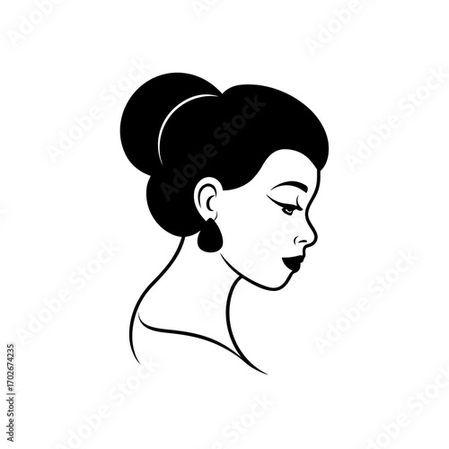 Elegant woman with updo and earring in black and white on transparent background