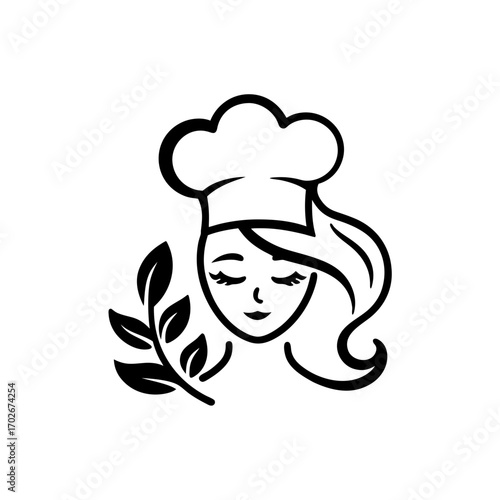 Chef woman with leaves and closed eyes illustration on transparent background