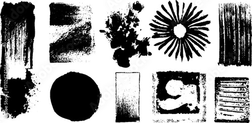 Black ink collage with ripped paper shapes and abstract patterns